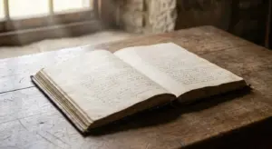 Open antique book with cursive writing on a wooden table, lit by a window