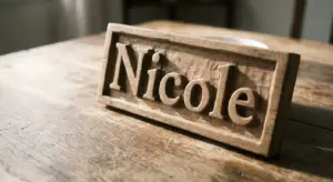 Una placa de madera tallada con la palabra Nicole apoyada sobre una mesa iluminada por luz natural