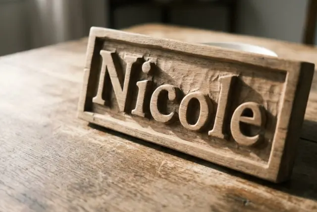 Una placa de madera tallada con la palabra Nicole apoyada sobre una mesa iluminada por luz natural